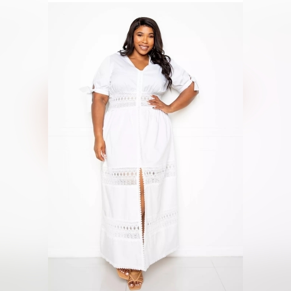 Feel Like a Goddess in our Imported Puff Sleeve Maxi Dress with Lace Insert